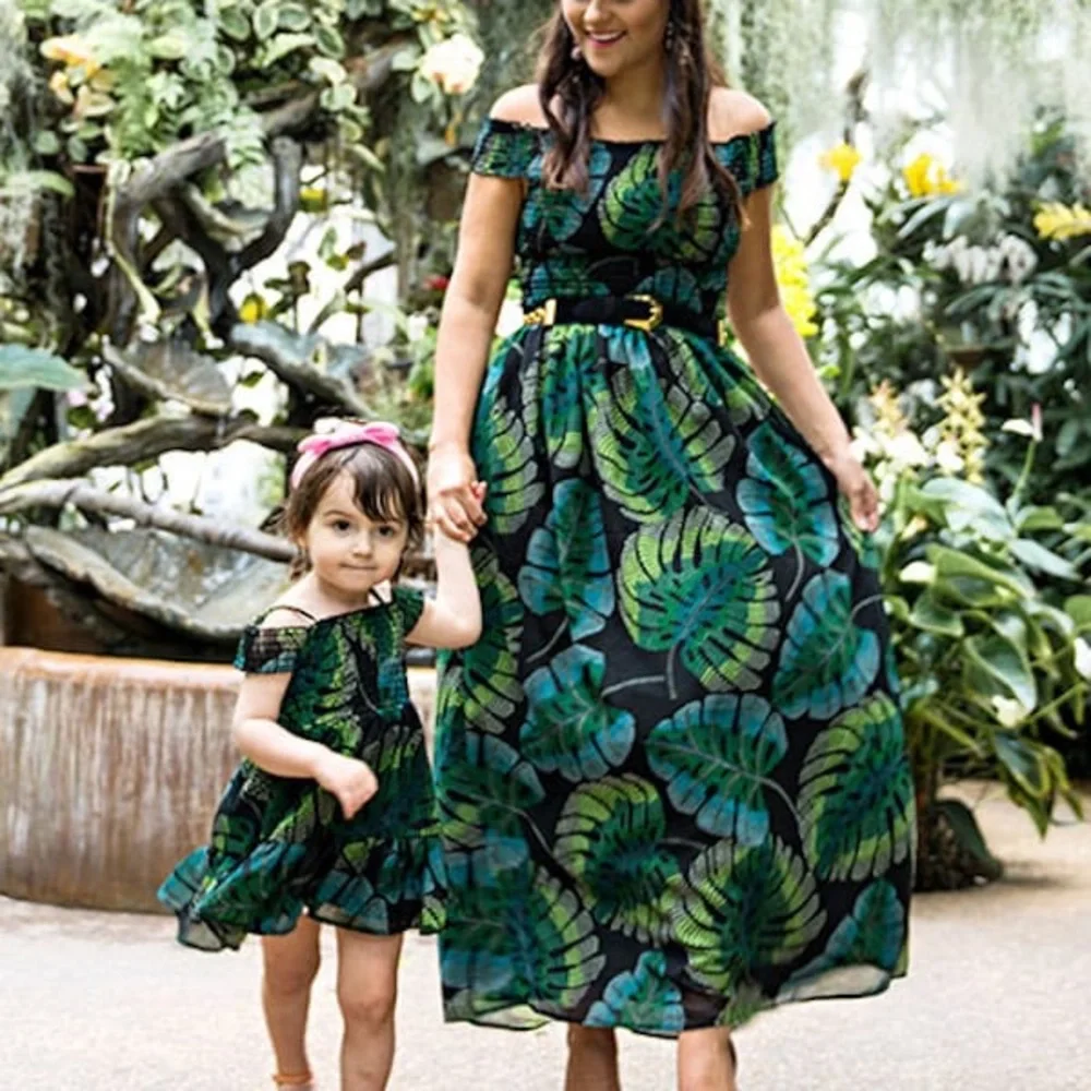 Short Sleeve Tropical Leaf Print Off-Should Dress - Picture 3 of 3
